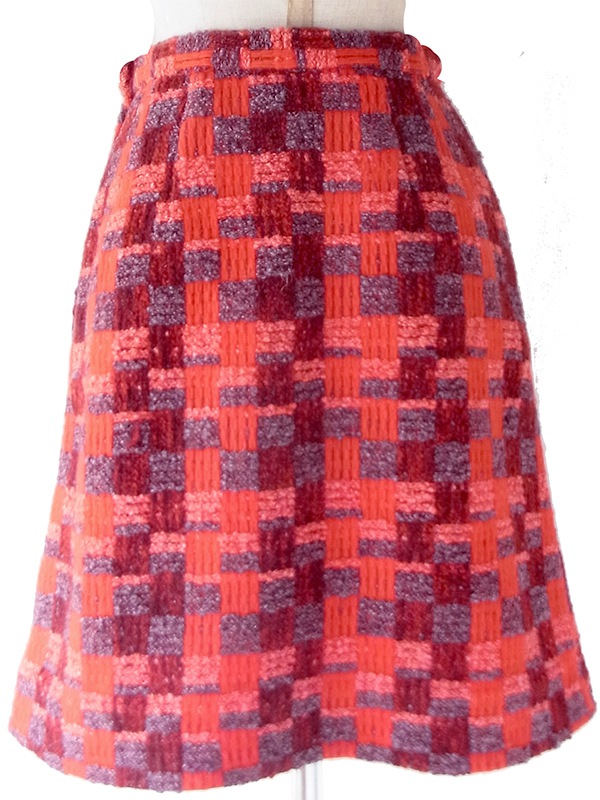 【レトロ古着】60年代製 レッド×グレー 立体織り ブロックチェック柄 ウール Aライン台形ミニスカート 26ID084【おとなかわいい】