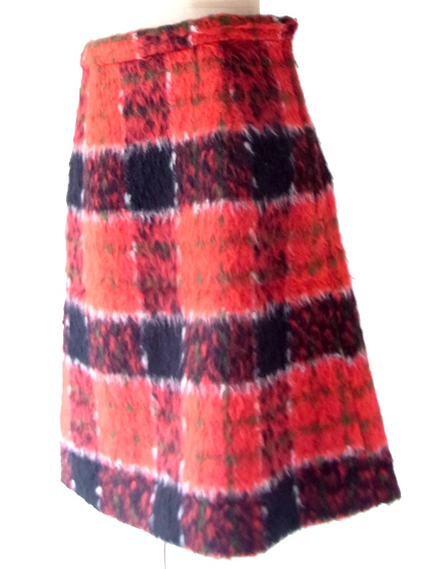 【レトロ古着】70年代製 レッド×グリーン シャギーモヘア調 ウール ブロックチェック  スカート 26ID087【おとなかわいい】