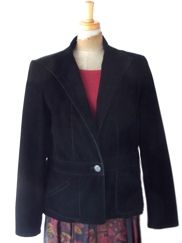 【レトロ】日本製ブラック ウエスト切り替え ベルベット風生地 テーラードジャケット 26NN001【おとなかわいい】