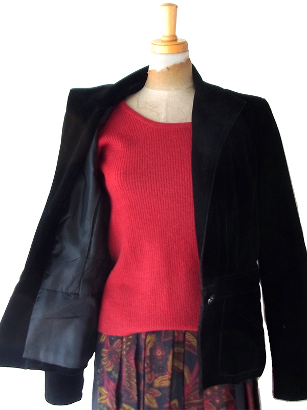 【レトロ】日本製ブラック ウエスト切り替え ベルベット風生地 テーラードジャケット 26NN001【おとなかわいい】