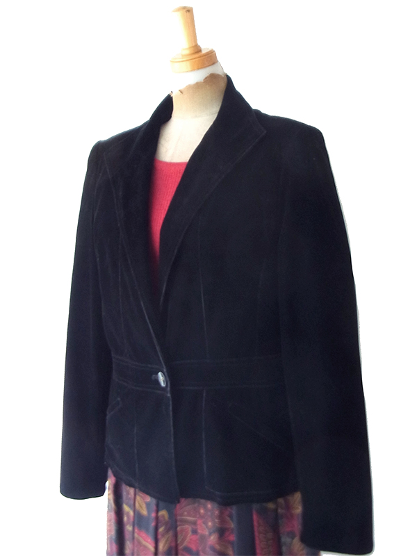 【レトロ】日本製ブラック ウエスト切り替え ベルベット風生地 テーラードジャケット 26NN001【おとなかわいい】