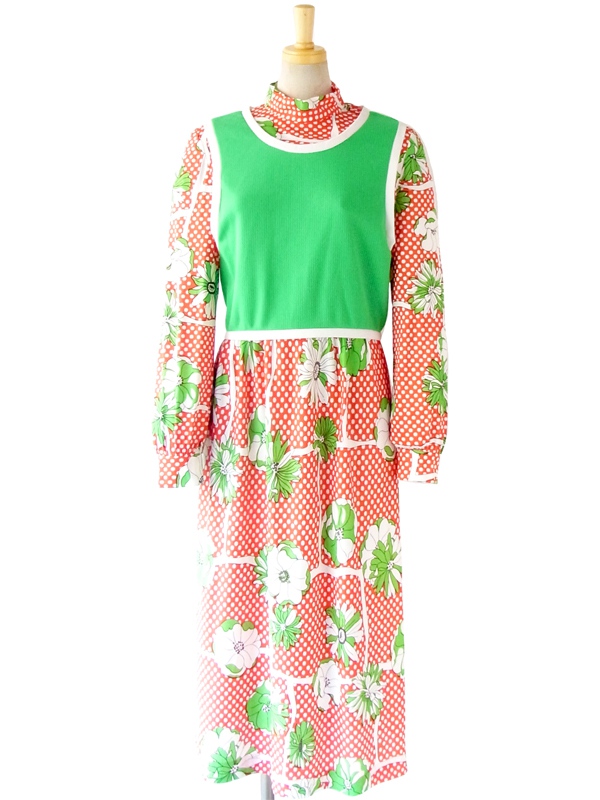 ヨーロッパ古着 ロンドン買い付け ７０年代製 レトロ花柄 X 水玉プリント ヴィンテージ マキシワンピース 5LA377