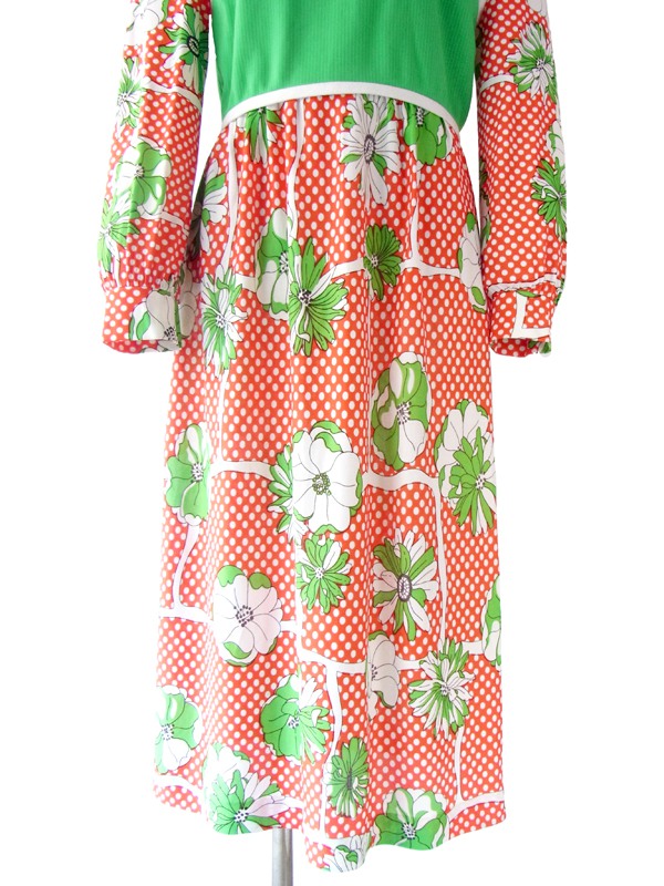 ヨーロッパ古着 ロンドン買い付け ７０年代製 レトロ花柄 X 水玉プリント ヴィンテージ マキシワンピース 5LA377