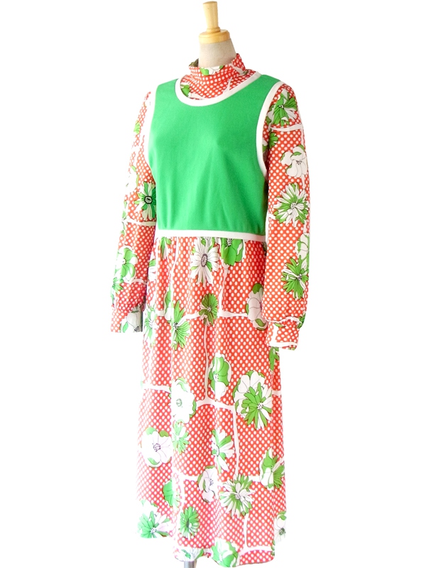 ヨーロッパ古着 ロンドン買い付け ７０年代製 レトロ花柄 X 水玉プリント ヴィンテージ マキシワンピース 5LA377