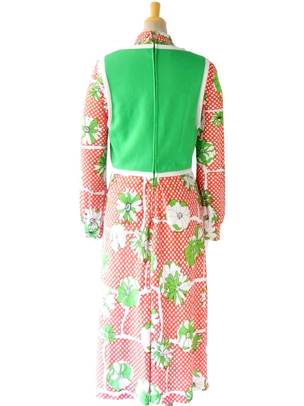 ヨーロッパ古着 ロンドン買い付け ７０年代製 レトロ花柄 X 水玉プリント ヴィンテージ マキシワンピース 5LA377