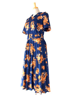 美品】ロンドン買付 ブルー X オレンジ 花柄 ヴィンテージ