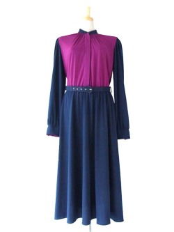 ロンドン買い付け ネイビー X パープル切り返し　ドレープ　ワンピース:古着 12BS521