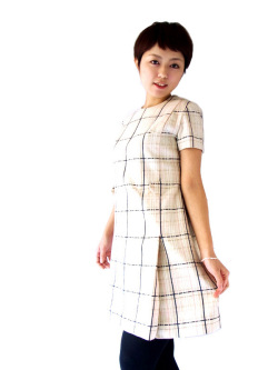 vintageヴィンテージワンピースプリーツ切替チェック柄レトロUSA海外古着 vintageヴィンテージワンピースチェック柄ノーカラーゴムレトロ