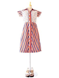ヨーロッパ古着　フランス買い付け　トリコロール　ドット X ストライプ　60年代製　ヴィンテージ ワンピース :　13FC200