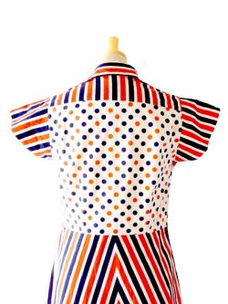 ヨーロッパ古着　フランス買い付け　トリコロール　ドット X ストライプ　60年代製　ヴィンテージ ワンピース :　13FC200