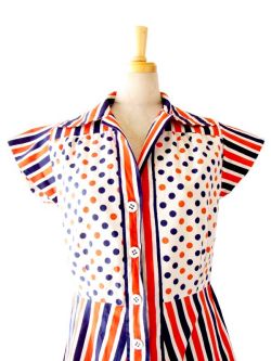 ヨーロッパ古着　フランス買い付け　トリコロール　ドット X ストライプ　60年代製　ヴィンテージ ワンピース :　13FC200