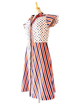 ヨーロッパ古着　フランス買い付け　トリコロール　ドット X ストライプ　60年代製　ヴィンテージ ワンピース :　13FC200