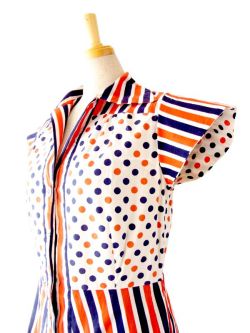 ヨーロッパ古着　フランス買い付け　トリコロール　ドット X ストライプ　60年代製　ヴィンテージ ワンピース :　13FC200