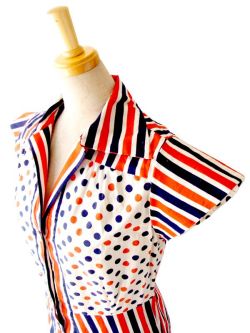 ヨーロッパ古着　フランス買い付け　トリコロール　ドット X ストライプ　60年代製　ヴィンテージ ワンピース :　13FC200