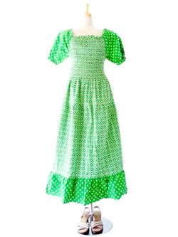 ヨーロッパ古着　フランス買い付け グリーン　X　ホワイト 花柄プリント マキシワンピース :　13FC231