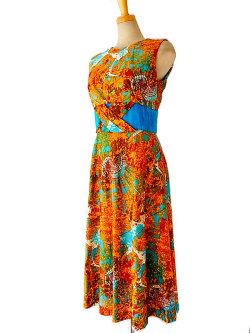 【美品】ロス買付70'sヴィンテージ 　ノースリーヴ　サマーワンピース:古着　A123【レトロデザイン】