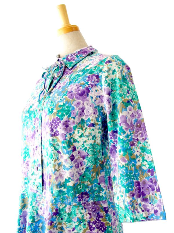 フランス買い付け　ブルー X パープル 紫陽花プリント ヴィンテージ ワンピース :　13FC305