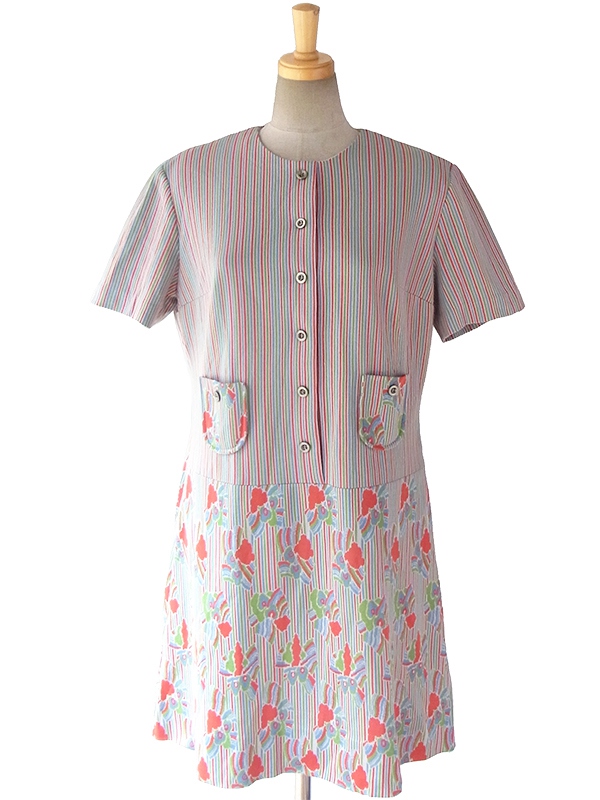 ヨーロッパ古着 ロンドン買い付け 60年代製 マルチカラー X ストライプ・花柄 ポケット付き レトロ ワンピース 16OM211