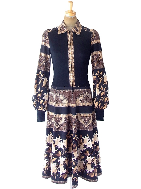 ヨーロッパ古着 フランス買い付け 70年代製 ブラウン・ベージュ花柄 X ブラック クレープ生地切り返し ワンピース 20FC310