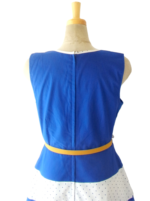 MODCLOTH ロイヤルブルー X ホワイト 水玉プリント ベルト付属 大人かわいい上品ワンピース MOD1