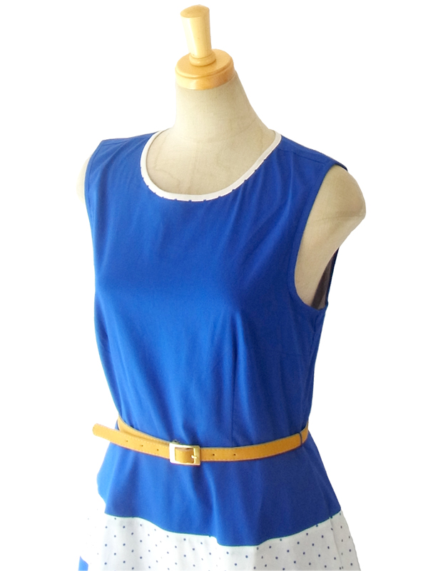 MODCLOTH ロイヤルブルー X ホワイト 水玉プリント ベルト付属 大人かわいい上品ワンピース MOD1