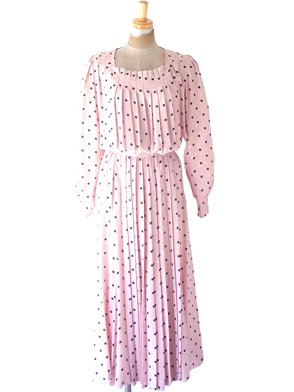 ヨーロッパ古着 ロンドン買い付け 60年代製 ピンク X ブラック 水玉 共布ベルト付き ヴィンテージ ドレス OD241