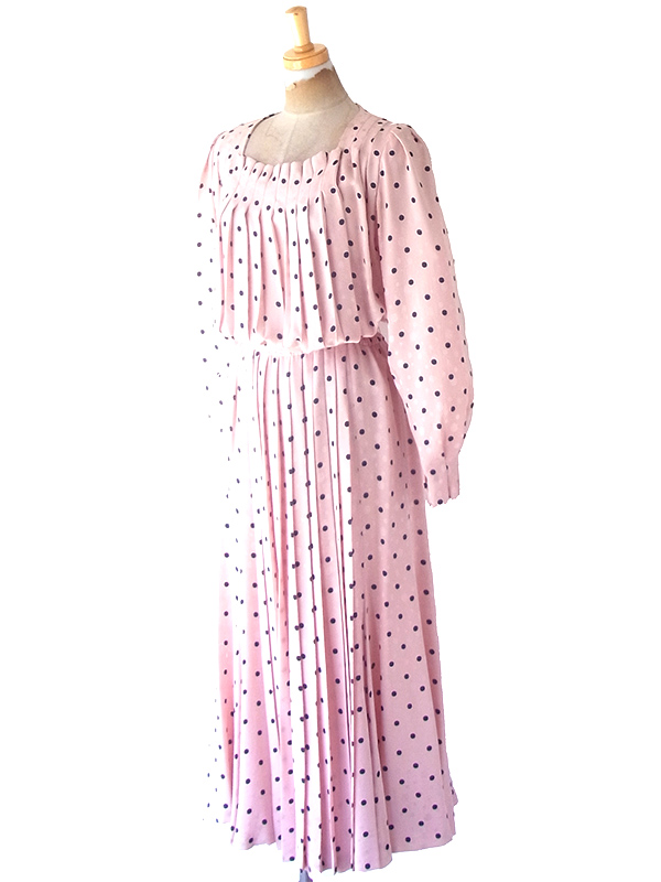 ヨーロッパ古着 ロンドン買い付け 60年代製 ピンク X ブラック 水玉 共布ベルト付き ヴィンテージ ドレス OD241