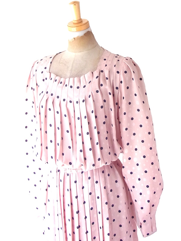 ヨーロッパ古着 ロンドン買い付け 60年代製 ピンク X ブラック 水玉 共布ベルト付き ヴィンテージ ドレス OD241